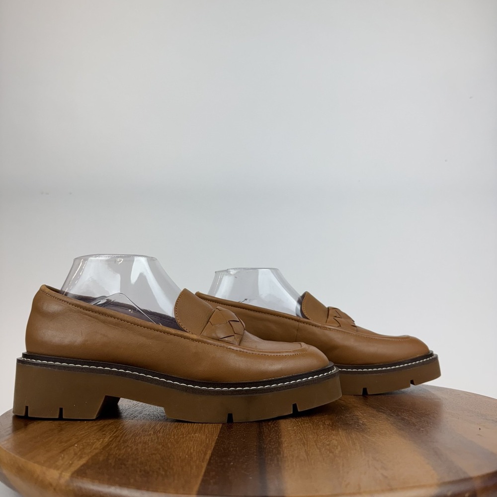 New Womens Nordstrom Torie Brown Leather Woven Strap Platform Loafers Size 8 M